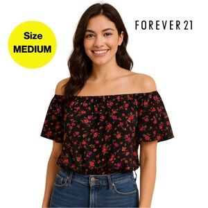 3/for $15 🍒 FOREVER 21 Black & Red Floral Off-Shoulder Crop 🖤 (Size Medium)